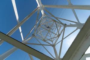 Transmission tower, view from below. Overhead pylon power line tower, distribution and transmit electrical energy across large distances. photo