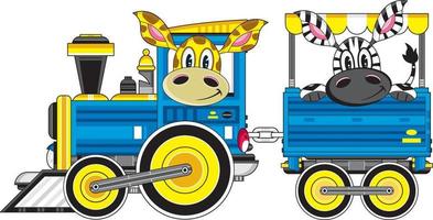 Cute Cartoon Giraffe Driving Train with Zebra Passenger vector