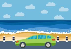 Green car on the road against the backdrop of the sea. Vector illustration.