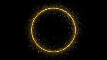 Golden circle frame with glitter, sparkles and flares on dark background. Empty luxury backdrop. Vector illustration.