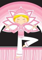 linda dibujos animados meditando yoga niña en capucha ilustración vector