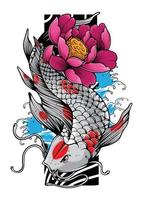 Koi Fish with Japanese Wave and Flowers Tattoo Japanese Illustration Style Isolated Vector. Editable Layer and Color. vector