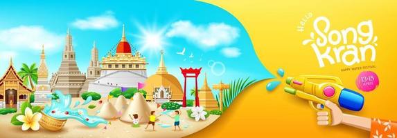 Songkran festival thailand, water gun in hands, thai flowers in a water bowl, splashing, sand pagoda, cloud sky banner design thailand architecture tourism blue and yellow background vector