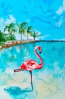 A watercolor painting of pink flamingo on a beach with palm trees in the background summer vibe vector