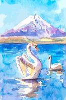 White swans on the lake mountains view watercolor painting vector