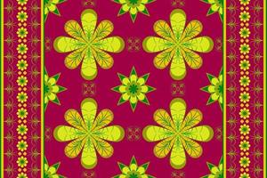 Ethnic folk geometric seamless pattern in flower red and green tone in vector illustration design for fabric, mat, carpet, scarf, wrapping paper, tile and more