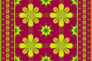 Ethnic folk geometric seamless pattern in flower red and green tone in vector illustration design for fabric, mat, carpet, scarf, wrapping paper, tile and more