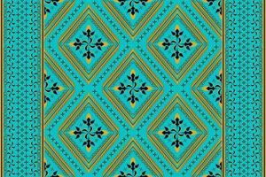 Ethnic folk geometric seamless pattern in cyan and yellow tone in vector illustration design for fabric, mat, carpet, scarf, wrapping paper, tile and more