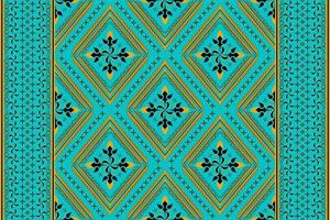 Ethnic folk geometric seamless pattern in cyan and yellow tone in vector illustration design for fabric, mat, carpet, scarf, wrapping paper, tile and more