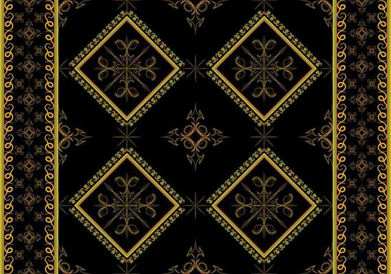 Ethnic symbol seamless pattern in black gold and green tone in vector illustration design for fabric, mat, wrapping paper, scarf, carpet, tile and more