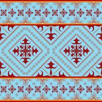 Ethnic folk geometric seamless pattern in red and cyan tone in vector illustration design for fabric, mat, carpet, scarf, wrapping paper, tile and more