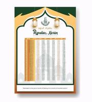 Ramadán calandrar 2023 con oración veces en Ramadán. Ramadán calendario - ayuno, iftar, y oración calendario. islámico antecedentes diseño con mezquita y lámpara. vector