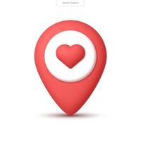 3D realistic map pointer with heart icon. Map Markers. 3D vector render illustration.