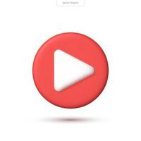 3D realistic vector play icon. 3D red round play button for start multimedia player concept of video, audio playback. 3D vector render illustration