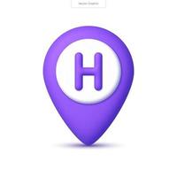 3D realistic vector location icon. Destination pointer with letter H, hotel or hospital sign. 3D vector render illustration.