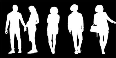 conjunto de siluetas de hombres y un mujer, un grupo de en pie personas blanco color aislado en negro antecedentes vector