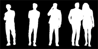 conjunto de siluetas de hombres y un mujer, un grupo de en pie personas blanco color aislado en negro antecedentes vector