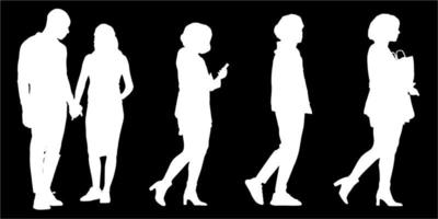 Set of silhouettes of men and a women, a group of standing   people white color isolated on black background vector