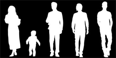 Set of silhouettes of men and a women, a group of standing   people white color isolated on black background vector