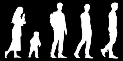 Set of silhouettes of men and a women, a group of standing   people white color isolated on black background vector