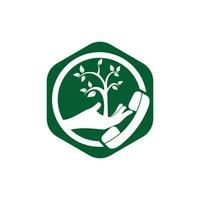 diseño de logotipo de vector de llamada de naturaleza. plantilla de diseño de icono de árbol de mano y auricular.