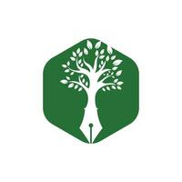 Tree pen vector logo design template. Writer and nature logo concept.