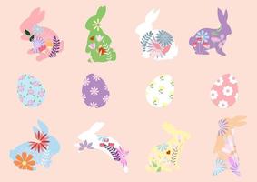 Set of decoration bunny and Easter eggs in flat style isolated on light orange background. All in vector design.