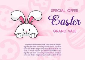 Cute bunny hide and seek with sale wording, example texts on abstract pattern and pink background. Happy Easter sale banner in vector design.