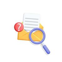 3d vector magnifying glass loupe searching for letter or email with question mark symbol  yellow open envelope icon design illustration