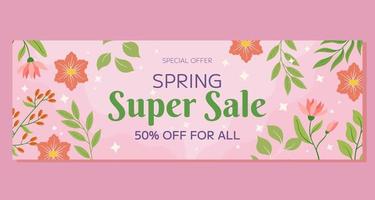 Pink flowers, green leaves berries framing, soft background. Spring Super Sale horizontal banner, seasonal promotion, discount. Warm, inviting atmosphere, evoking beauty, freshness of spring. vector