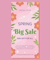 Vertical banner decorated with lovely pink flowers and green leaves on a pink background. The banner reads Special Offer Spring Big Sale. Perfect for advertising your seasonal discounts and promotions vector