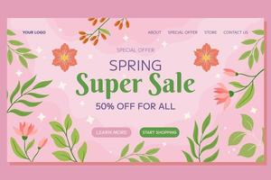 Pink flowers, green leaves berries framing, soft background. Special Offer Spring Landing page, seasonal promotion, discount. Warm, inviting atmosphere, evoking beauty, freshness of spring. vector
