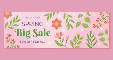 Pink flowers, green leaves berries framing, soft background. Spring Big Sale horizontal banner, seasonal promotion, discount. Warm, inviting atmosphere, evoking beauty, freshness of spring. vector