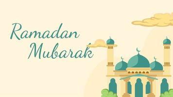 Ramadán Mubarak saludo con tipografía texto y mezquita fondo, para musulmán celebracion vector