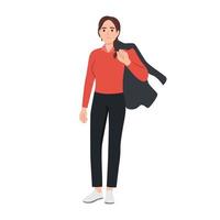 Stylish Business women holding suit jacket on her shoulder. After work. vector