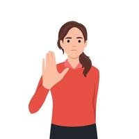 oman ignoring smb by gesturing stop with hand, showing rejection sign. Person with dissatisfied facial expression. Mute communication vector