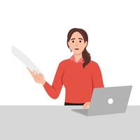 Young business woman hold read paper account documents at work concept vector