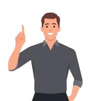 Happy young business man pointing up. Light bulb representing idea, solution in the thought bubble. Trendy person thinking, gesturing or showing index finger vector