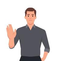 Trendy young business man making or showing stop gesture sign with hand, saying no. Shocked person warning signal with palm of the hand. Human emotions and modern lifestyle vector