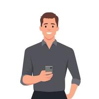 Happy man is holding a smartphone. Person and gadget. Communication in the network vector