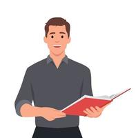 Man is holding a book in his hand. Teaching class or reading for exam vector