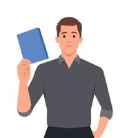 Man is holding a book in his hand. Showing how important a book is vector