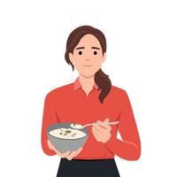 Woman eating fried rice using spoon in flat design on white background. Asian lunch meal. vector