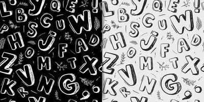 Seamless pattern with doodle grunge letters of the whole english alphabet . Black background with white hand drawn lettering. Vector isolated texture.