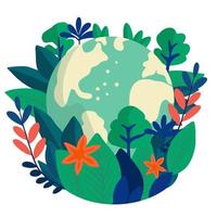 World environment day. Earth day. Sustainable lifestyle and climate change problem concept.. Earth globe with leaves, trees and flowers. Concept design for banner, poster, greeting card. vector