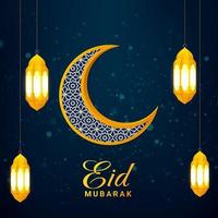Eid mubarak islamic greeting card design. Blue eid mubarak background with crescent moon and lantern ornaments. Vector illustration