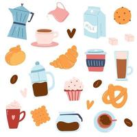 Coffee set. Hand drawn icons of coffee makers, cups, sweets, bakery in cartoon flat style vector