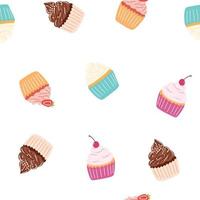 Seamless pattern with delicious cupcake in cartoon style. Vector background with sweets, dessert, pastries.