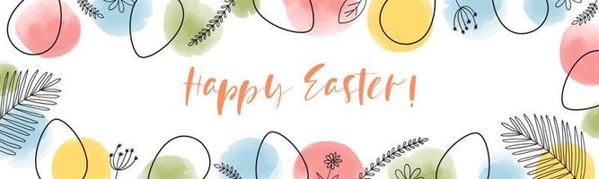 Happy Easter banner template with colorful abstract spots, doodle eggs and plants. Hand drawn vector illustration of minimalistic linear elements