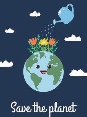 Concept of go green, Earth Day, Save the planet. Vector illustration of Earth with flowers and watering can for social poster, banner, card